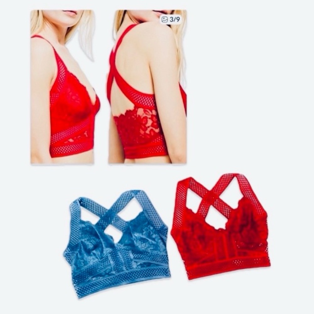 NWOT Set - Free People Intimates - Lace Bralette Set - Blue and Red - Picture 1 of 10